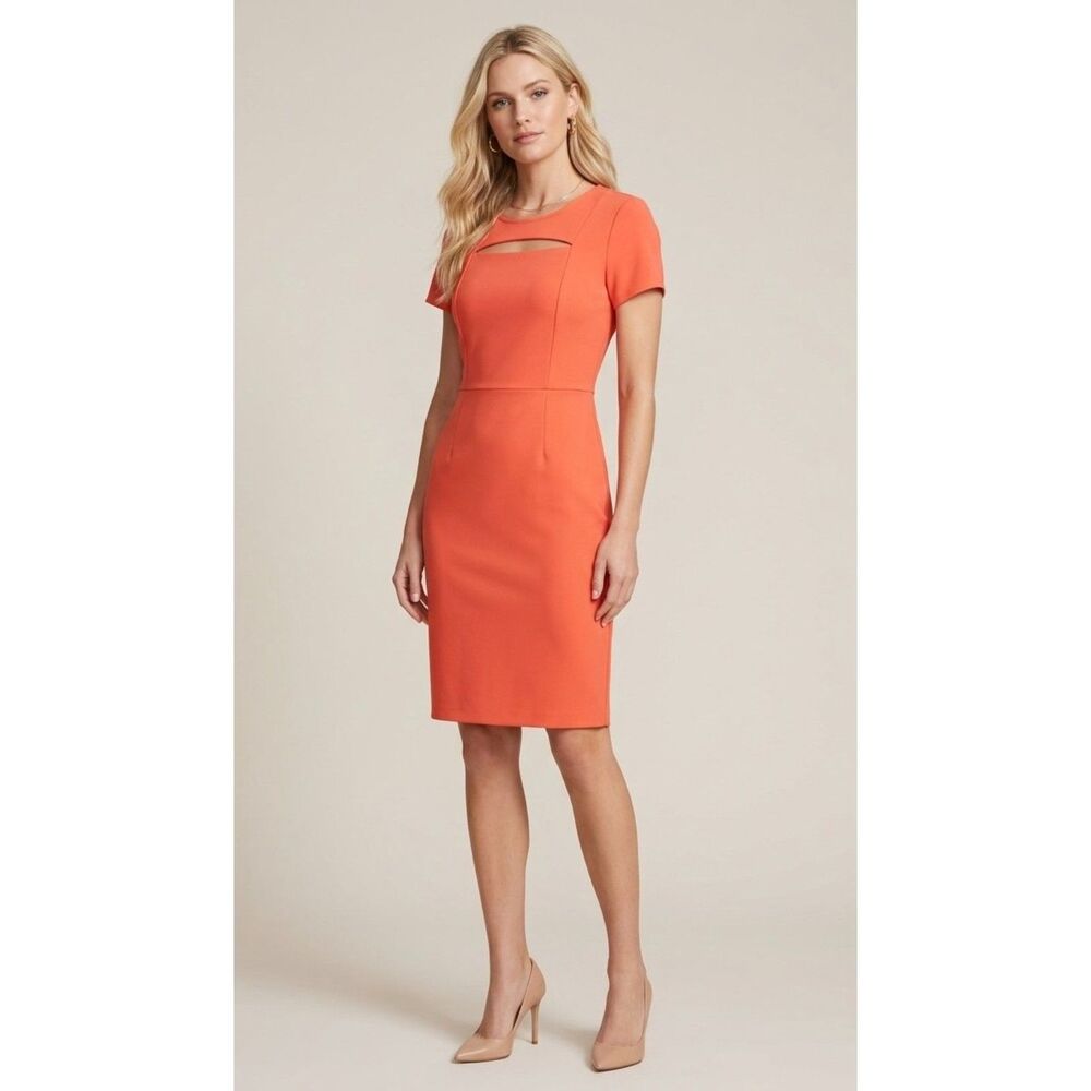 1.STATE - Coral Short Sleeve Sheath Dress with Cutout Neckline